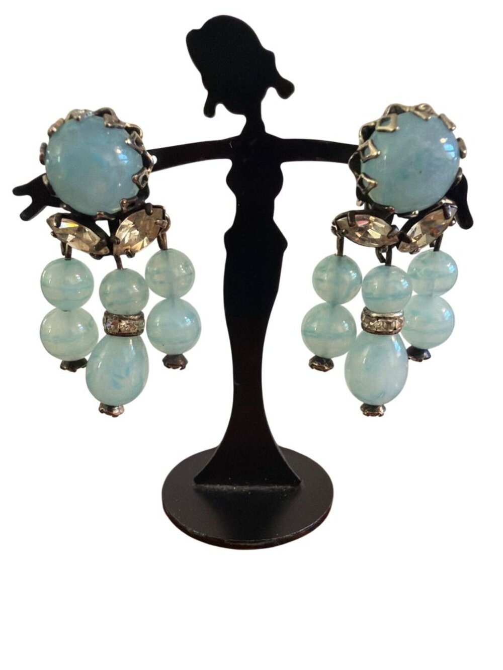 Vintage Kramer Clip On Earrings MCM Chandelier Blue Glass Silver Tone Estate 1.5